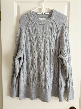 aerie Light Gray Cable Knit Crewneck Sweater